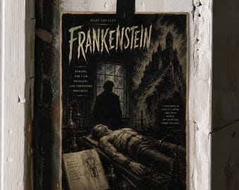 Poster di Frankenstein, arte gotica horror da parete, stampa letteraria di Mary Shelley