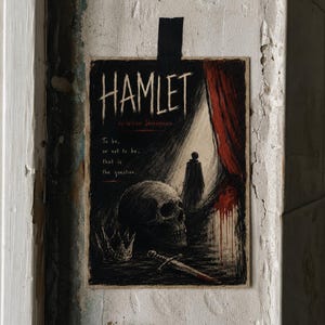 Op de afbeelding: Een rechthoekige kunstdruk met een donkere illustratie van een schedel, een kroon en een zwaard. De tekst luidt HAMLET by William Shakespeare en het citaat To be, or not to be, that is the question. Een figuur staat in een deuropening met gordijnen.