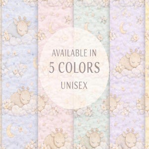 May include: A repeating pattern featuring a sleeping giraffe on a cloud, with stars and a crescent moon. The design is available in five pastel colors: beige, blue, pink, green, purple, and yellow. The text "AVAILABLE IN 5 COLORS UNISEX" is in the center.