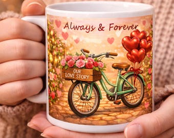 Floral Bicycle Valentine Mug Wrap, Romantic Coffee Cup Design (Digital Download, 11oz/15oz Mugs)