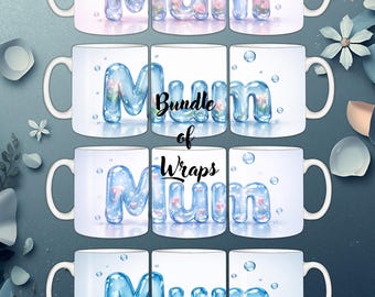 Mum Mug Wrap Bundle PNG, Blue Patina Water Typography Sublimation Designs (4)