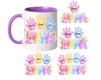 Custom Mama Handprint Mug Wrap PNG | Watercolor Floral Mother's Day Sublimation (Digital Download)