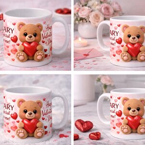 May include: White ceramic mug with a brown teddy bear holding a red heart. The mug has the text "Happy Valentine's Day" and "Anniversary special to me!" with red heart accents. Perfect for Valentine's Day or anniversaries.