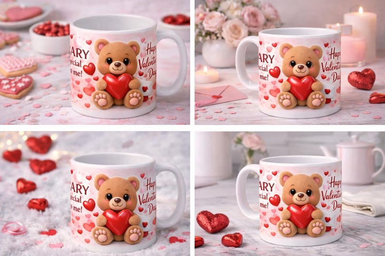 May include: White ceramic mug with a brown teddy bear holding a red heart. The mug has the text "Happy Valentine's Day" and "Anniversary special to me!" with red heart accents. Perfect for Valentine's Day or anniversaries.