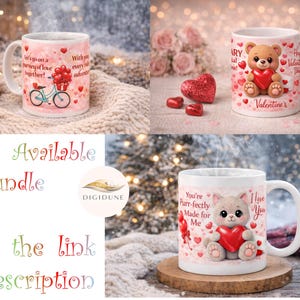 Pink Cartoon Valentine 11oz Mug Wrap PNG, Happy Valentines Day Coffee Mug Sublimation, Cute Love Couple Printable, Teddy Bear Valentine image 7