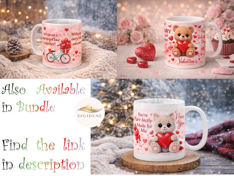 Pink Cartoon Valentine 11oz Mug Wrap PNG, Happy Valentines Day Coffee Mug Sublimation, Cute Love Couple Printable, Teddy Bear Valentine image 7