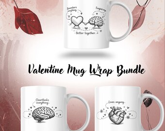 Brain & Heart Line Art Mug Wrap • Minimal Valentine's Design (PNG Digital Download)