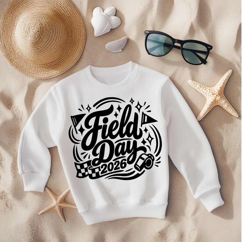 May include: White crewneck sweatshirt with the words "Field Day 2026" in black script. The design includes a whistle, flags, and stars. The sweatshirt is laid on sand with a straw hat, sunglasses, and starfish.