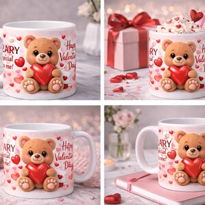 Collage of four Valentine’s Day coffee mug images featuring an adorable teddy bear holding a red heart. Mug design includes the phrases ‘You are BEARY special to me!’ and ‘Happy Valentine’s Day,’ surrounded by pink and red hearts. Shown in cozy lifestyle settings with gifts, candles, books, and soft décor.