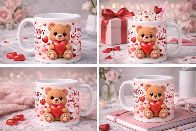 Collage of four Valentine’s Day coffee mug images featuring an adorable teddy bear holding a red heart. Mug design includes the phrases ‘You are BEARY special to me!’ and ‘Happy Valentine’s Day,’ surrounded by pink and red hearts. Shown in cozy lifestyle settings with gifts, candles, books, and soft décor.