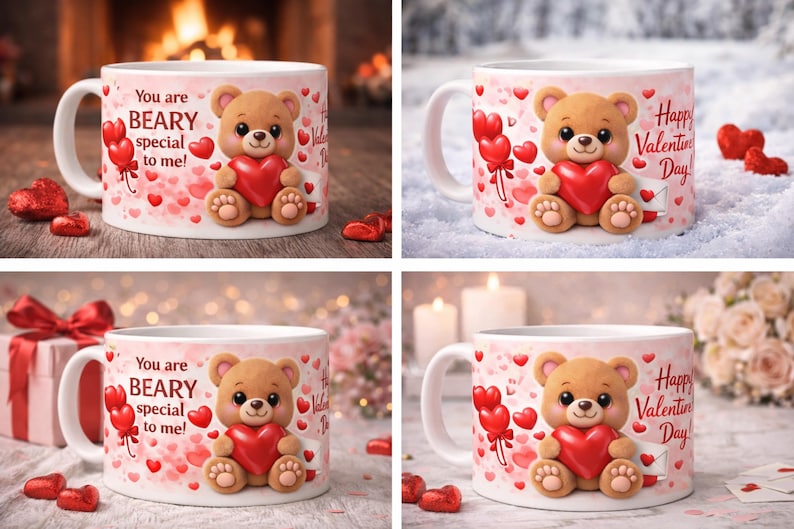 May include: White ceramic mug with a teddy bear holding a red heart. The mug has the text "You are BEARY special to me!" and "Happy Valentine's Day!" printed on it, with red heart accents. A Valentine's Day theme.