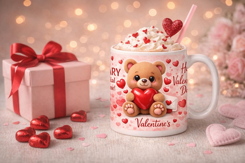 May include: A Valentine's Day themed image featuring a gift box with a red bow, a mug with a teddy bear design, and heart-shaped candies. The mug is filled with whipped cream and a heart-shaped decoration. The words "Happy Valentine's Day" are on the mug.