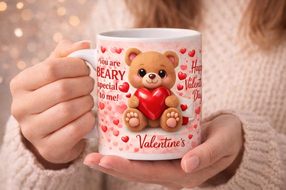 Pink Cartoon Valentine 11oz Mug Wrap PNG, Happy Valentines Day Coffee Mug Sublimation, Cute Love Couple Printable, Teddy Bear Valentine