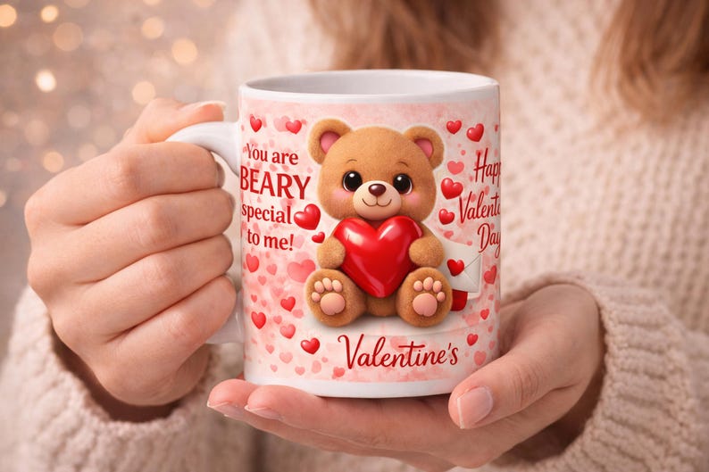 Cute Valentine’s Day coffee mug held in hands, featuring an adorable teddy bear holding a red heart surrounded by pink and red hearts. Mug text reads ‘You are BEARY special to me!’ and ‘Happy Valentine’s Day,’ with ‘Valentine’s’ printed along the bottom on a soft pink background.
