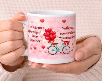 Pink Bicycle Valentine Mug Wrap PNG for Sublimation | Romantic Couple Mug Design | Heart Balloon | Anniversary Mug | 11oz Mug PNG Download