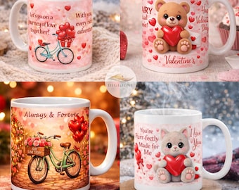 Pink Valentine Mug Wrap Bundle PNG | Cute & Romantic Love Mug Designs | 4 Mug Wraps for Sublimation | 11oz Mug PNG Download