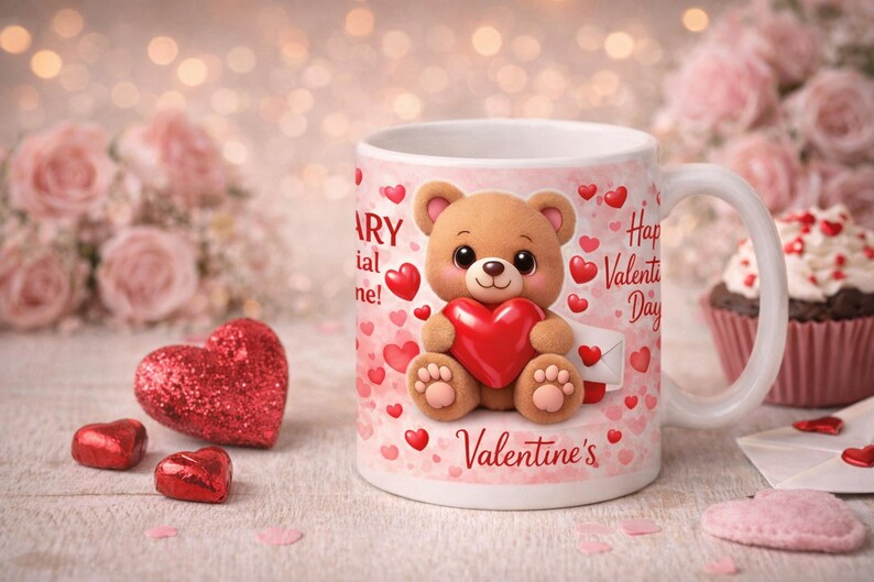Cute Valentine’s Day coffee mug featuring an adorable teddy bear holding a red heart, surrounded by pink and red hearts. Mug text includes ‘You are BEARY special to me!’ and ‘Happy Valentine’s Day,’ with ‘Valentine’s’ printed at the bottom. Styled on a cozy surface with heart décor, roses, and a cupcake in the background.