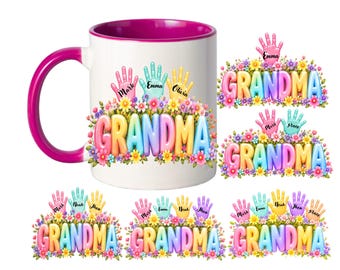 Custom Grandma Mug Wrap PNG, Personalized Grandma Gift, Up to 5 Kids Handprints, Floral Mug Design, Nana Mimi Gigi Gift, Digital Download