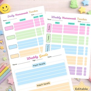Pode incluir: Planejador de tarefas escolares para crianças imprimível com rastreadores diários e semanais. O planejador inclui seções para disciplinas, tarefas, datas de entrega e metas. O design apresenta cores pastel e o texto "Kids Homework Planner".