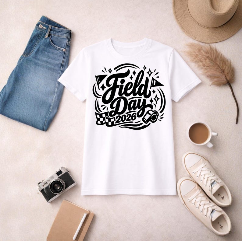May include: White t-shirt with a black graphic that reads "Field Day 2026". The design includes flags, stars, and a checkered flag. The shirt is laid flat with blue jeans, a camera, a notebook, a hat, shoes, and a cup of coffee.