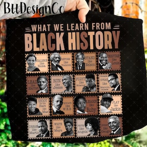 May include: Black t-shirt featuring the text "WHAT WE LEARN FROM BLACK HISTORY" with images of historical figures. Each image is in a postage stamp design with a related action and name. The shirt is held by a person.