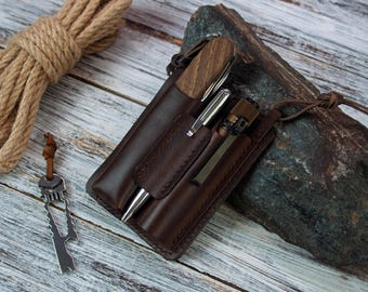 Organizador EDC de cuero hecho a mano: estuche de cuero para cuchillos, bolígrafos, linternas y monedas