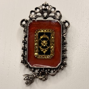 Vintage 1928 Jewelry Co Red Enamel Brooch Pendant Marcasite Victorian Revival