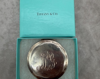 Vintage Tiffany & Co Sterling Silver Round Powder Compact Mirror Monogram Box