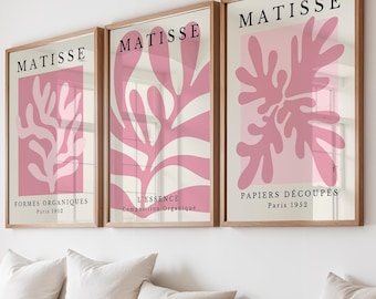 Set di 3 quadri di Matisse, poster della mostra rosa, stampe floreali astratte, decorazioni murali in stile Mid-Century Modern, set da parete in rosa pastello.