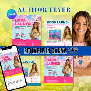 Editable Pink Childrens Book Author Launch Flyer Template | Canva Book Promotion Flyer | Children's Book Marketing Digital Download