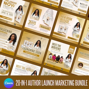 May include: A collection of marketing materials for an author's book launch, featuring a woman in a white blazer. The materials include promotional graphics with text like "Pre-Order Now," "New Book Release," and "Meet the Writers." The bundle is labeled as a "20-IN-1 AUTHOR LAUNCH MARKETING BUNDLE."
