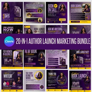 May include: A marketing bundle for authors, featuring a purple and yellow design. The image includes promotional graphics for book launches, sales, and events. Text includes "Book on Sale," "Book Signing," and "Book Launch Party."