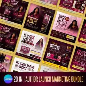 May include: A collection of marketing materials for an author's book launch. The designs feature a woman in a burgundy blazer, book covers, and promotional text. The bundle includes various promotional graphics with dates and calls to action.