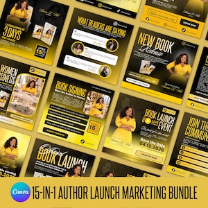 May include: A 15-in-1 digital marketing bundle for an author book launch, featuring multiple square social media templates in black and yellow. The designs include text, author photos in a yellow dress, and book cover imagery for promotional use.