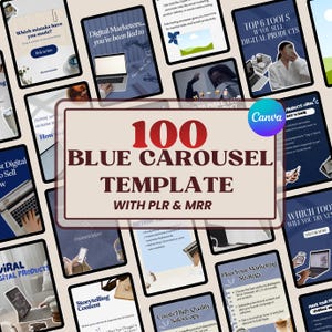 Könnte beinhalten: Eine Sammlung von digitalen Marketingvorlagen, mit einem zentralen Grafik, die "100 Blue Carousel Template with PLR & MRR" liest. Umgebende Bilder zeigen Marketing-Tipps und -Tools, mit dem Canva-Logo sichtbar.