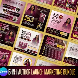 May include: A collection of marketing graphics for an author's book launch. The design features a woman in a magenta blazer, with text such as "Launching in 3 Days" and "Book on Sale." The bundle includes various promotional materials.