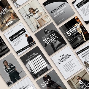 May include: A collection of square social media marketing guides with black and white text and images. Titles include "How to Grow on Social Media," "5 Mistakes Content Creators Should Avoid," and "Use Hashtags Strategically."