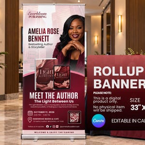 Puede incluir: Una pancarta enrollable vertical que mide 84 cm por 198 cm, con un diseño en granate y blanco. Muestra el texto Everbloom Publishing, Amelia Rose Bennett, Bestselling Author y The Light Between Us, junto con la imagen de una portada de libro.