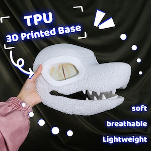 May include: A white 3D printed base of a dragon head with the text "TPU 3D Printed Base". The base has a textured surface, a white frame around the eye area, and white teeth. The words "soft", "breathable", and "lightweight" are also visible.