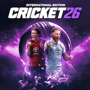 Peut inclure: Image promotionnelle pour le jeu vidéo "Cricket 26". Le titre est en blanc et violet. Deux joueurs de cricket sont présentés, l'un en maillot rouge et l'autre en maillot blanc. Tous deux célèbrent avec les poings levés. Une balle de cricket violette est en arrière-plan.