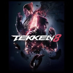 Peut inclure: Image promotionnelle pour le jeu vidéo Tekken 8. L'image présente deux personnages aux expressions intenses, sur fond sombre et enflammé. Le titre du jeu, "TEKKEN 8", est affiché en évidence en blanc et rouge.
