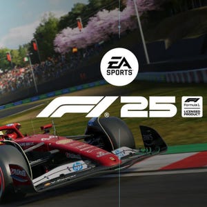 Peut inclure: Une voiture de course rouge de Formule 1 sur une piste, avec le logo EA Sports et le texte "F1 25". L'image comprend également le logo Produit sous licence Formula 1. En arrière-plan, on aperçoit une foule et des arbres.
