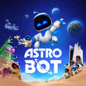 Peut inclure: Image promotionnelle du jeu vidéo Astro Bot. Le personnage principal est un robot blanc et bleu avec des yeux bleus brillants, sur fond d'espace étoilé. Le titre du jeu, "ASTRO BOT", est bien visible.