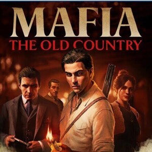Peut inclure: Image de la couverture d'un jeu vidéo avec le titre "MAFIA THE OLD COUNTRY" en blanc et rouge. L'image présente quatre personnes, le personnage central tenant une allumette allumée. L'arrière-plan est sombre avec un effet flou.