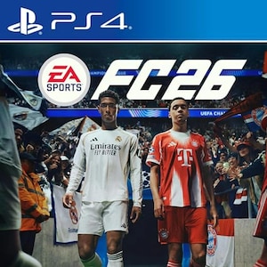 Peut inclure: Couverture du jeu vidéo PS4 EA Sports FC26. L'image présente deux joueurs de football en uniforme, l'un en blanc et l'autre en rouge. Le logo EA Sports est visible, ainsi que le titre du jeu FC26.