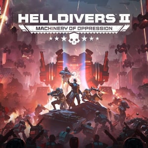 Peut inclure: Illustration numérique pour le jeu "HELLDIVERS II: Machinery of Oppression". La scène représente une bataille futuriste avec des soldats, des robots et une grande structure mécanique rouge. Le titre du jeu est affiché en haut.