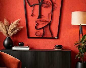 Abstract Metal Face Wall Art, Modern Minimalist Line Sculpture, Black Home Decor