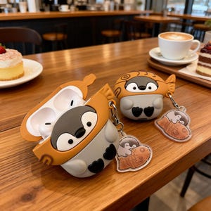 May include: A collection of penguin-themed AirPod cases and keychains. The cases are gray, orange, and white, with a penguin design. The keychains feature a penguin and a fish design. The items are on a wooden table.