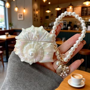 May include: Iridescent seashell-shaped case with a pearl-beaded strap and gold-tone hardware. The case has a pearlescent finish and a small starfish detail. A gold seashell charm with pearls hangs from the strap.