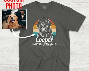 Custom Pet Portrait Shirt Comfort Colors® 1717, Personalized Line Art Pet T Shirt with Vintage Sunset Background, Custom Dog or Cat Gift